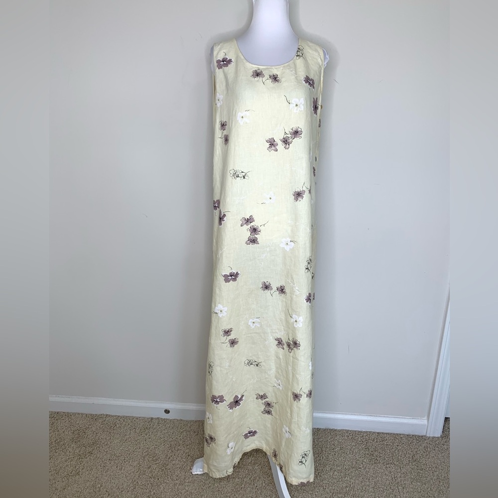 BN5 Uniform JohnPaulRichard 100% Linen‎ Maxi Dress Butter Yellow Floral Small